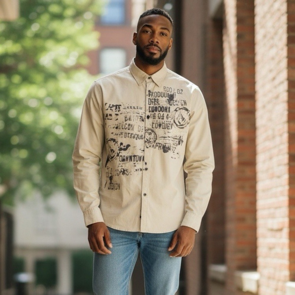 Vintage Jordan Craig Men's 2XL Beige Graphic Print Long Sleeve Button Down Shirt